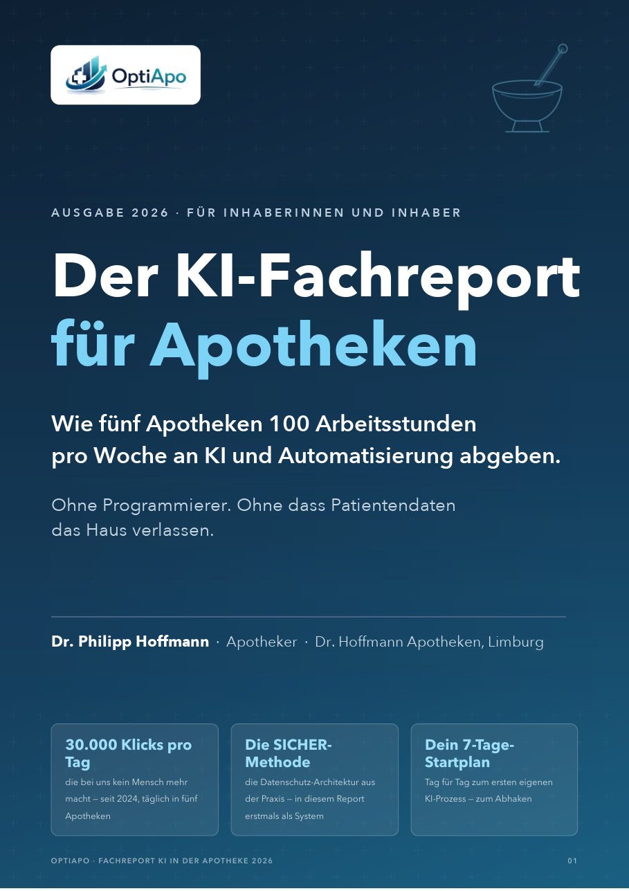 Titelseite des Fachreports „KI in der Apotheke 2026“
